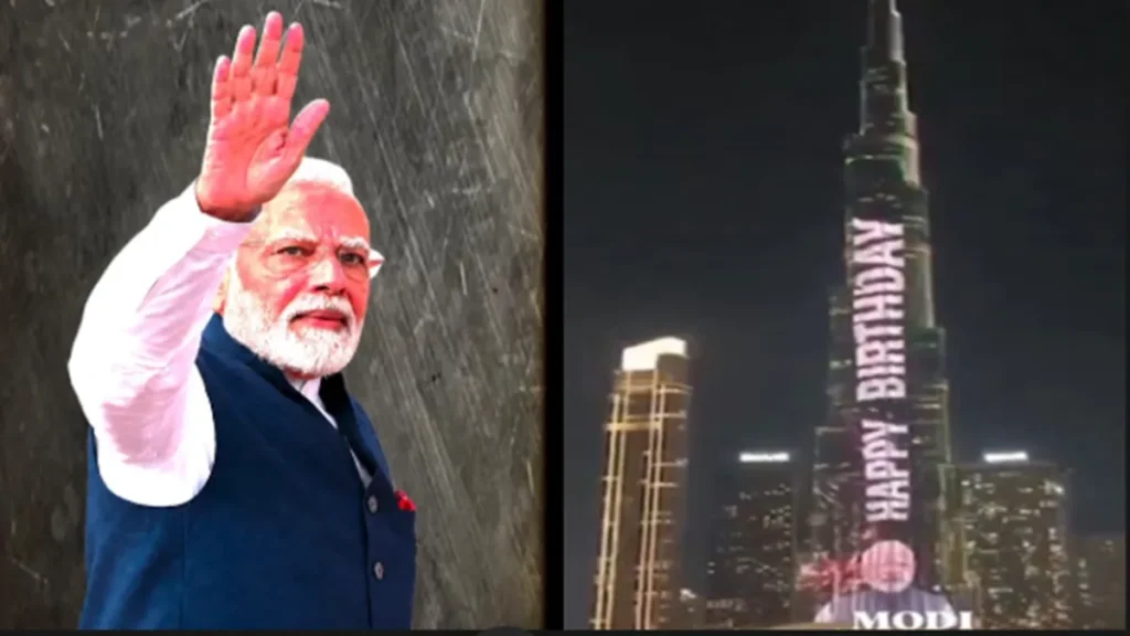 PM Modi Birthday : दुबई के बुर्ज खलीफा पर दिखीं पीएम मोदी की तस्वीरें, ‘सेवा ही संकल्प है’ संदेश से जगमगाई इमारत